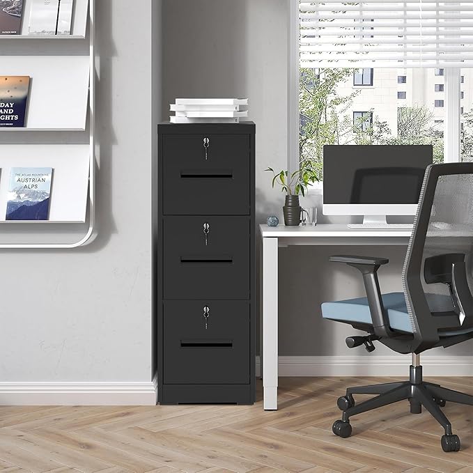 3 Drawer File Cabinet with 3 Individual Locks, Vertical Metal Filing Cabinet Home Office Narrow Locking File Cabinets for A4/Legal/Letter File Folders, Anti-Tilt Design, Need Assemble (Black)