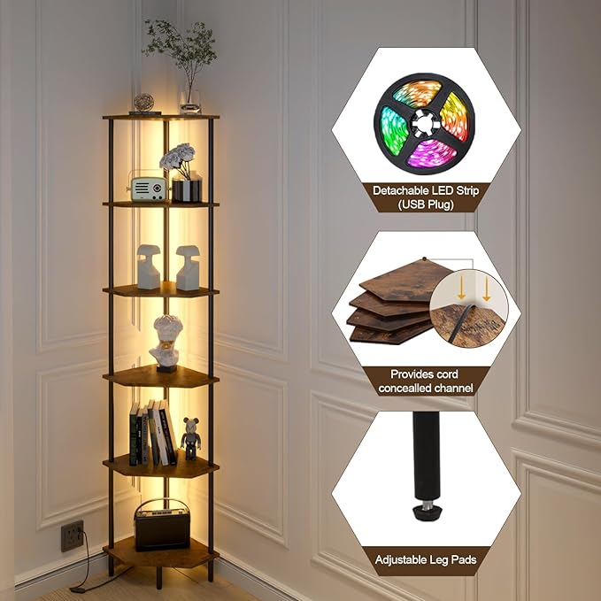 6 Tier Corner Shelf with LED Light,Tall Standing Shelf Organizer,Narrow Bookshelf,The Classic Combination of Rustic Brown and Black Standing Bookcase,Suitable for Bedroom,Living Room,Kitchen