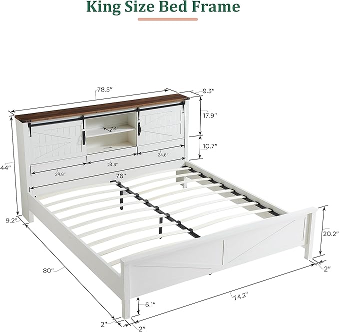 RedLemon Farmhouse King Size Bed Frame with Bookcase Headboard, Sliding Barn Door, Storage Cabinet, Charging Station, Wood Slats Support, No Box Spring Needed