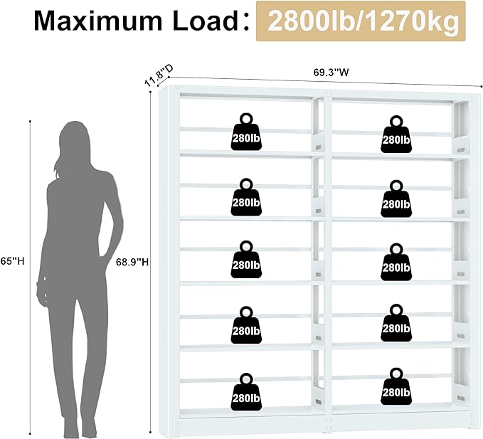 White Bookshelf, 5-Tier Bookshelf with Adjustable Storage Shelves, Freestanding Bookcases and Bookshelves, Wide Bookshelf for Home Office, Living Room, Bed Room, Including Book Stopper (White)