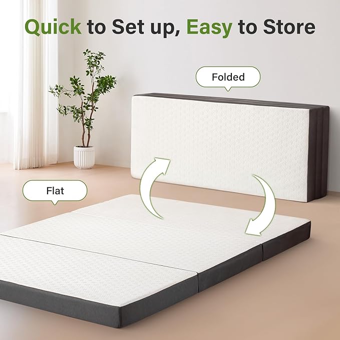 Folding Mattress 3in Twin Memory Foam Tri-Fold Futon with Washable Cover Foldable Floor Mat for Guest Bed, Camping, Yoga, RV Travel, White (Size: 38" L x 75" W x 3" Th)