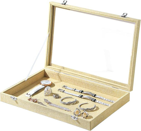 Coward Jewelry Organizer Box, Yellow Linen Blank Display Tray Case with Lid for Storage Necklaces Bracelets Rings Beads and Jewelry Accessories