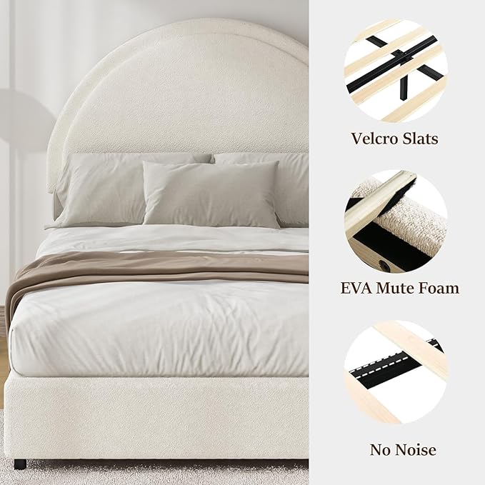 Twin Size Bed Frame, Boucle Upholstered Platform Bed with Headboard, Cloud Bed Frame with Soft Rounded Corners, No Box Spring Required, Easy Assembly, White