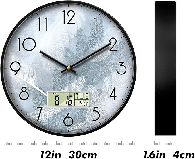 SCAOGE Digital Wall Mount Clock with Date Temperature Day White with Blue Feather Unique Silent Calendar Clocks Battery Operated Large Display Decorative for Bathroom Kitchen Office Bedrooms 12 Inch