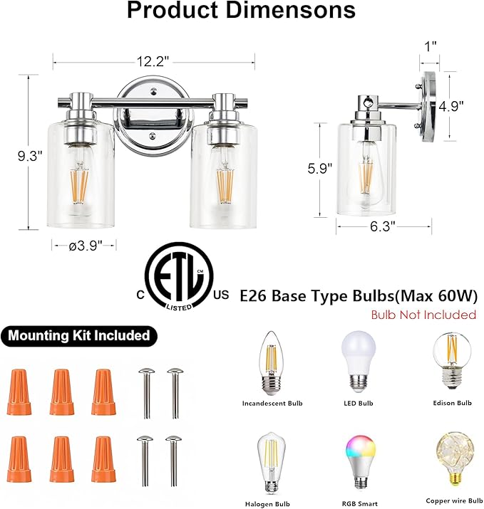 Bathroom Light Fixtures Wall Sconce Light with Clear Glass Chrome 2 Lights Bathroom Lighting Over Mirror Vanity Lights for Living Room,Bedroom,Restroom,Hallway E26 Base
