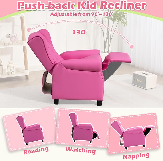 AVAWING Kids Wingback Recliner Chair with Studded Tufted Backrest & Nailhead Trim, PU Leather Kids Chair with Adjustable Backrest and Footrest, for Bedroom or Nursery, Pink