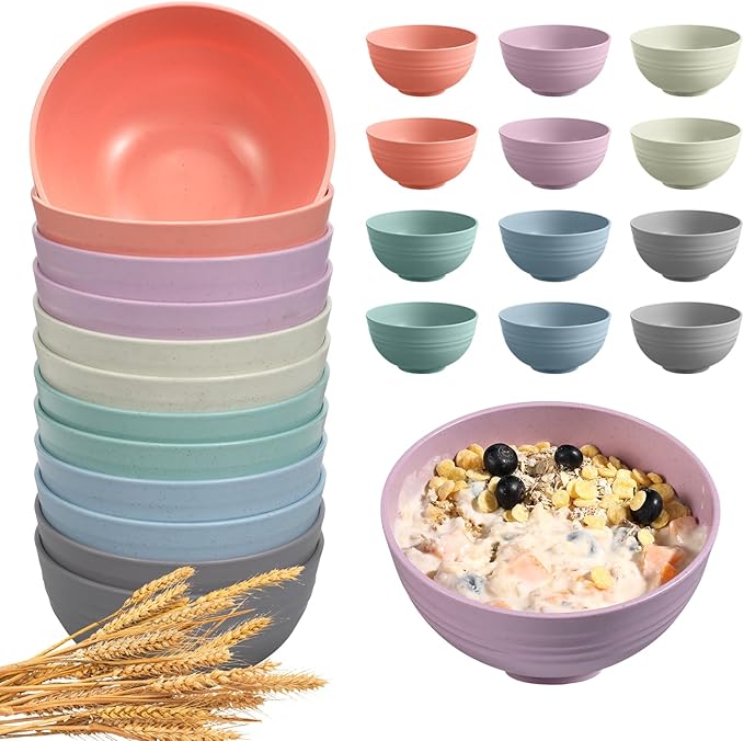 12 Pcs Unbreakable Cereal Bowls Set, 26 Oz Wheat Straw Bowls Set, Microwave & Dishwasher Safe Bowls for Kitchen, Reusable Plastic Bowls for Soup, Salad and Snack, BPA Free, Multicolor