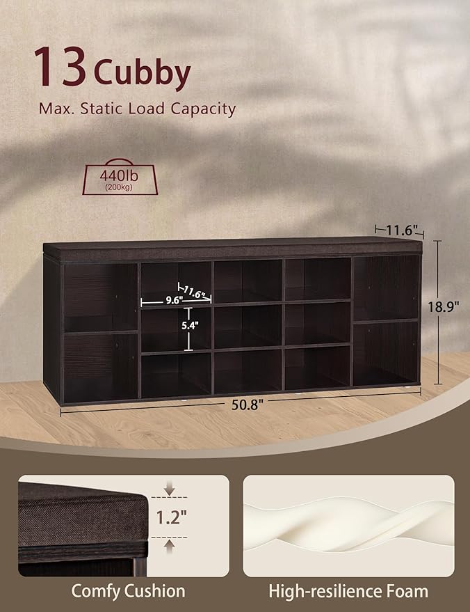 DINZI LVJ Shoe Storage Bench with Cushion, 13-Cubby Shoe Rack, Adjustable Shelves, Multifunctional Shoe Organizer Bench for Entryway, Mudroom, Hallway, Living Room, Bedroom and Garage, Espresso