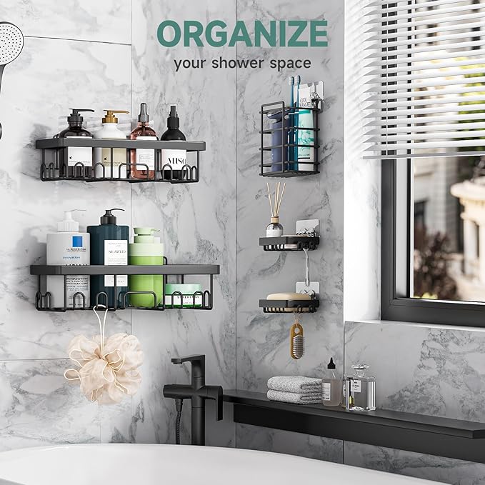 Veken Rustproof & Waterproof Shower Caddy 5-Pack, No Drilling Adhesive Wall Mounted Shower Shelves Rack, Heavy Weight Bearing, Large Organizer Storage Accessories, Ideal for Bathroom, Home & Kitchen