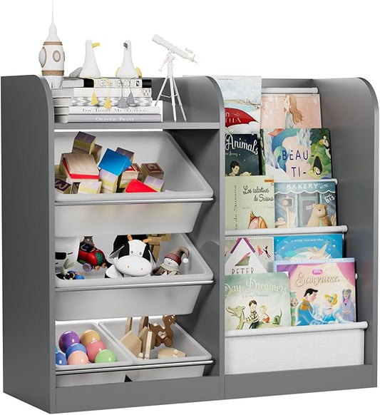 Grey Kids Wood Bookshelf Toy Storage Box Organizer Shelf W/4 Removable Plastic Toy Bins Children Bookcase Toddler Baby Sling Book Rack Cabinet Chest Girl Boy Gift Playroom Classroom Bedroom Nursery