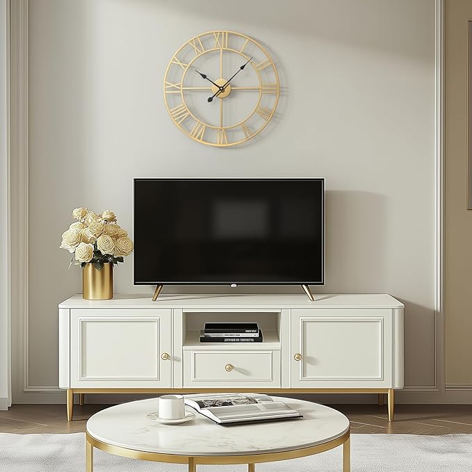 Gold Wall Clock, 24 Inch Large Wall Clock for Living Room Kitchen Mantel, Completely Silent Non Ticking Battery-Operated Metal Round Luxury Decorative Modern Clock - Roman Number