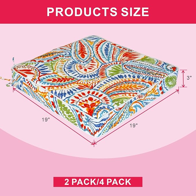 Outdoor Chair Cushions 19 x 19 Inch Set of 4 Water Resistant Seat Cushions with Ties, Outdoor Cushions for Patio Furniture with 3-Year Fade Resistant