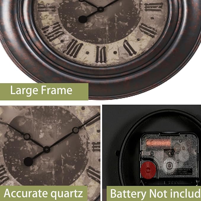 Extra Large Wall Clock, 30 Inch, Dark Bronze, Silent Non-Ticking Quartz Movement, Battery Operated, Decorative Roman Numeral, Vintage Clock Living Room, Office, Home Decor