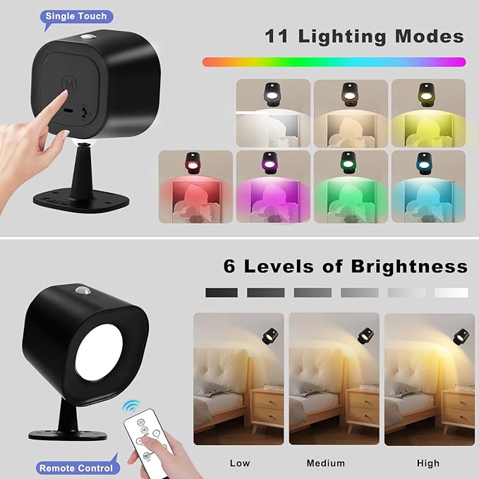 Infrared Sensor Wall Sconces, RGB Wall Mounted Lamp Rechargeable Battery Operated, 6 Brightness & 11 Light Modes LED Wall Lights 360° Rotation Magnetic Wireless Light for Bedroom Living Room