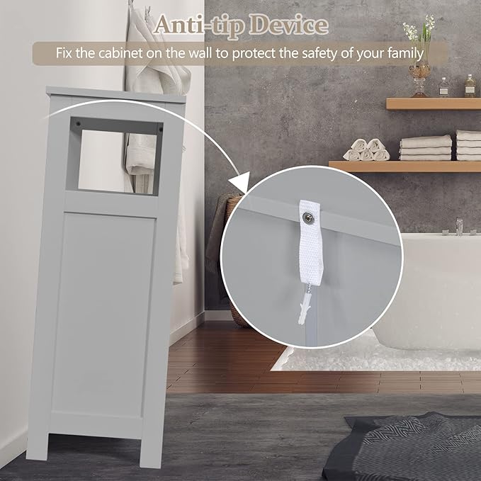 COSTWAY Bathroom Storage Cabinet, Wooden Side Storage Organizer with Louver Doors & Removable Shelf, Freestanding Floor Cabinet for Living Room, Kitchen, Entryway (Grey)