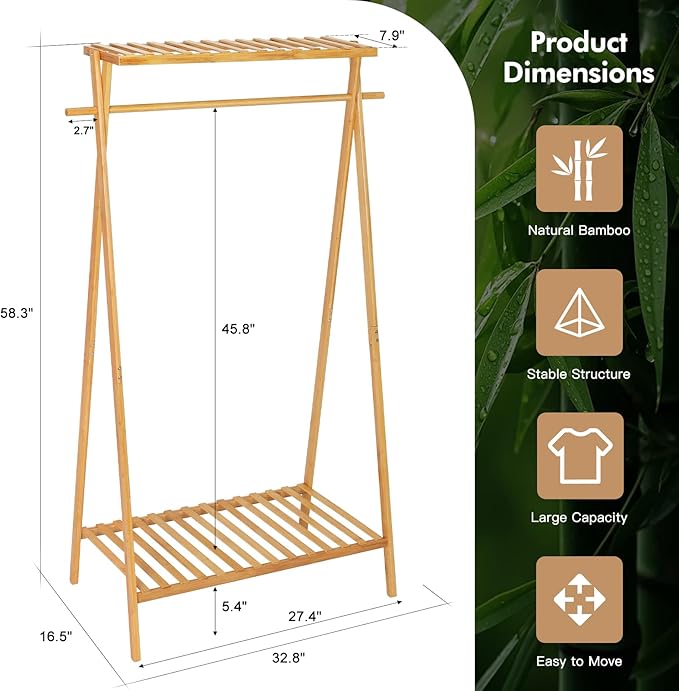 Bamboo Clothing Garment Rack with 2 Tier Storage Shelf Clohes Hanging Stand Portable Closet Organizer for Bedroom Small Apartment Guest Room Laundry Room