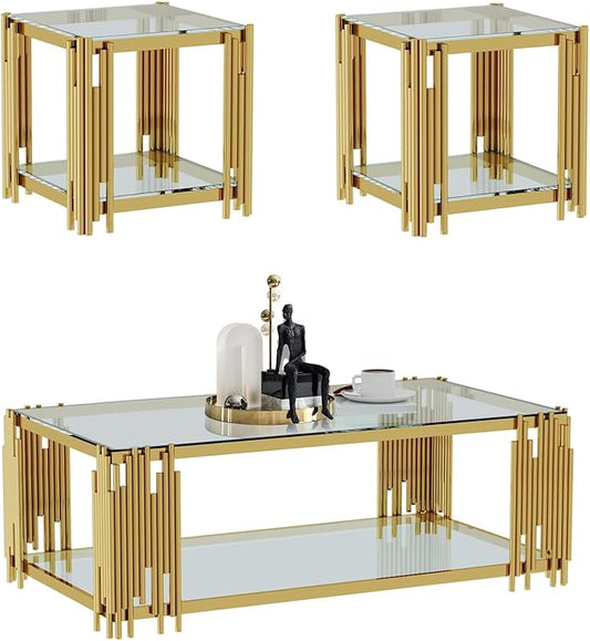 Goujxcy Glass Coffee Table and End Table Set of 3, Luxury Coffee Table Set with Tempered Glass & Gold Stainless Steel Legs, 3 Piece Living Room Table Set for Bedroom Home Office