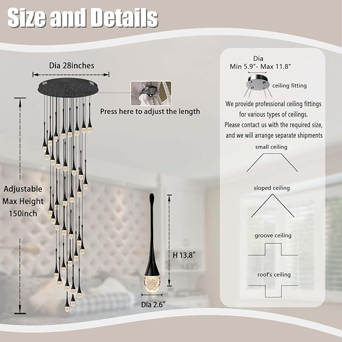 H150'' High Ceiling Chandeliers for Entryway 36-Lights Black Spiral Crystal Chandelier Modern Raindrop Chandeliers for Villa Staircase,Hanging Light Fixtures for High Ceiling