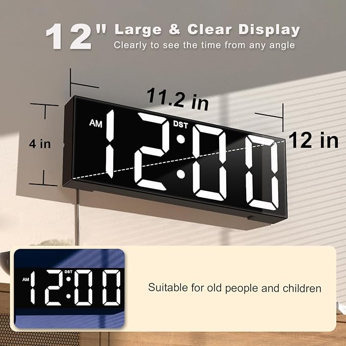 JALL 12'' Large Digital Wall Clock, Big LED Number Dispaly, RGB Colors, DST, Night Light for Classroom Living Room Bedroom Mounted Birthday Xmas Gift for Senior, Mem Womem (White Font, 12 inches)