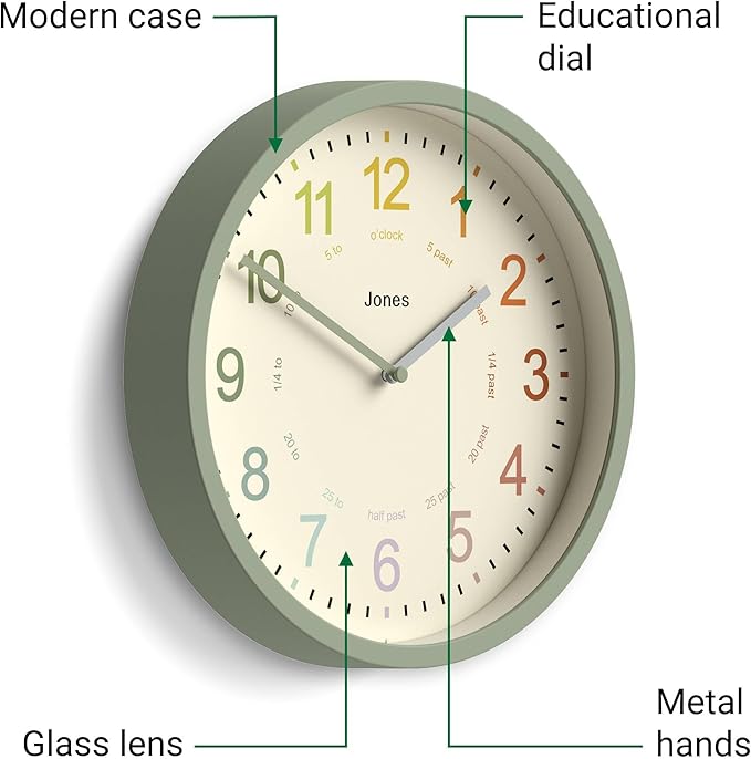 JONES CLOCKS® Kids Wall Clock | Small Modern Children’s Clock | 10 inch | Sage Green | Colourful Numbers | Learn to Tell The time