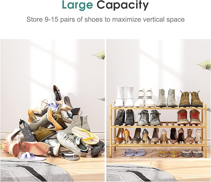 3-Tier Long Shoe Rack, Bamboo Wood Shoe Rack for Closet, Entryway & Hallway, Stackable | Beautiful | Functional | Sturdy