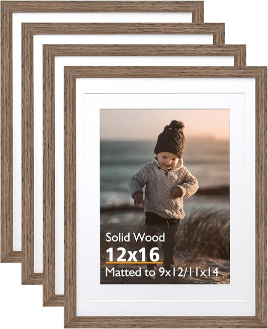 KINLINK 12x16 Picture Frame Rustic brown, Solid Wood Frames with Acrylic Plexiglass for Pictures 11x14/9x12 with Mat or 12x16 without Mat,Wall Display Photo Frame, Set of 4