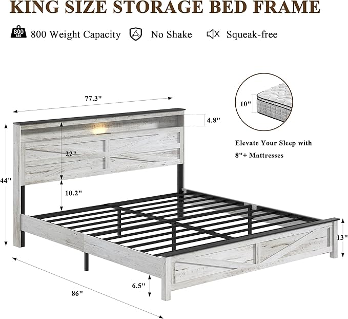 Farmhouse King Size Bed Frame with Headboard Storage Shelf, Wood Platform Bed Frame with LED Lights & Charging Station, Rustic White Metal Bed, No Box Spring Needed, Noise-Free Sturdy Structure