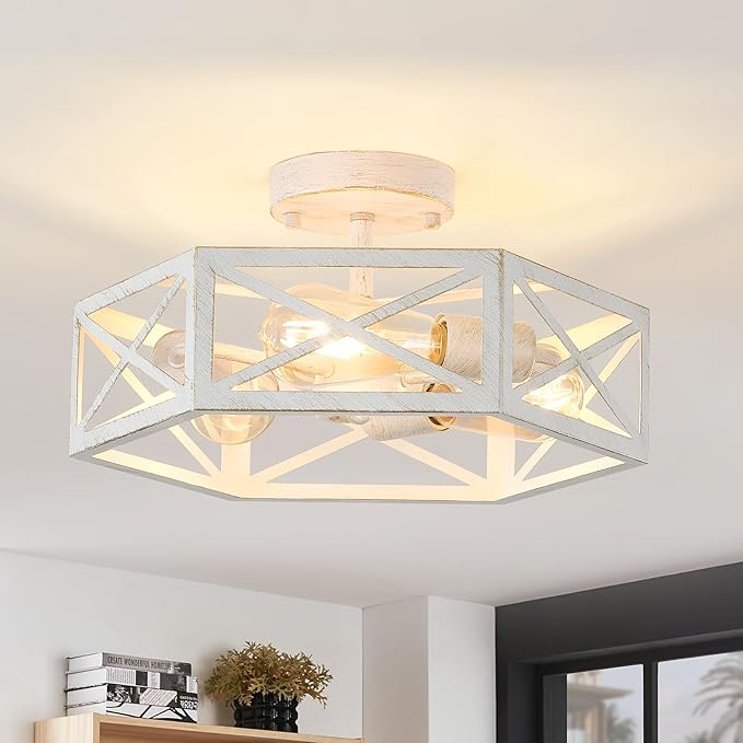 3-Light Flush Mount Ceiling Light Fixture, Modern Close to Ceiling Light with White Metal Hexagon Cage, Farmhouse Ceiling Light for Bedroom, Hallway, Entry, Foyer, Kitchen