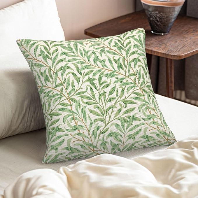 Rustic Vintage Floral Green Leaf Throw Pillow Covers 18x18 Inch Set of 2 William Morris Plants Farmhouse Decor Pillow Case Euro French Country Cushion Cover of Sofa Living Room Bedroom