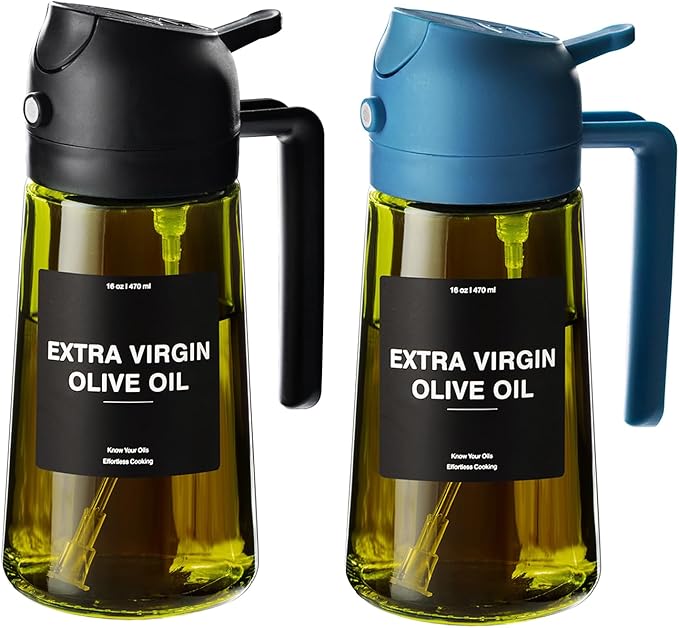 CXINYI - 16oz/470ml Olive Oil Dispenser for Kitchen with Stickers - 2 in 1 Olive Oil Sprayer for Cooking, Air Fryer, and Salad, Black&Blue (Light-Proof Kitchen Gadget)