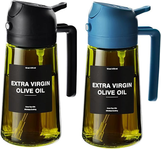CXINYI - 16oz/470ml Olive Oil Dispenser for Kitchen with Stickers - 2 in 1 Olive Oil Sprayer for Cooking, Air Fryer, and Salad, Black&Blue (Light-Proof Kitchen Gadget)