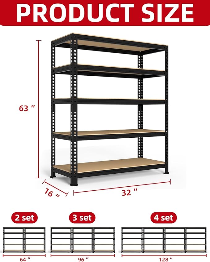 PrimeZone 32" W x 16" D x 63" H Storage Shelves - 3 Pack 5 Tier Adjustable Garage Storage Shelving, Heavy Duty Metal Storage Utility Rack Shelf Unit for Warehouse Pantry Closet Kitchen, Black