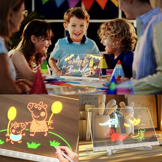 Led Note Board,Doodle Glow,Led Drawing Board for Kids,Acrylic Dry Erase Board with Light and 7 Colors Pens,LED Note Board with Colors for Office School Home (11.8x7.8 inches)