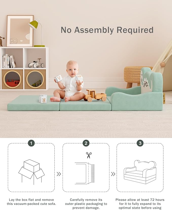 2-in-1 Kids Couch Fold Out, Convertible Toddler Couch to Lounger, Toddler Chair Comfy, Kids Sofa for Girls and Boys, Gift for Birthday, Children's Day, Dinosaur Green