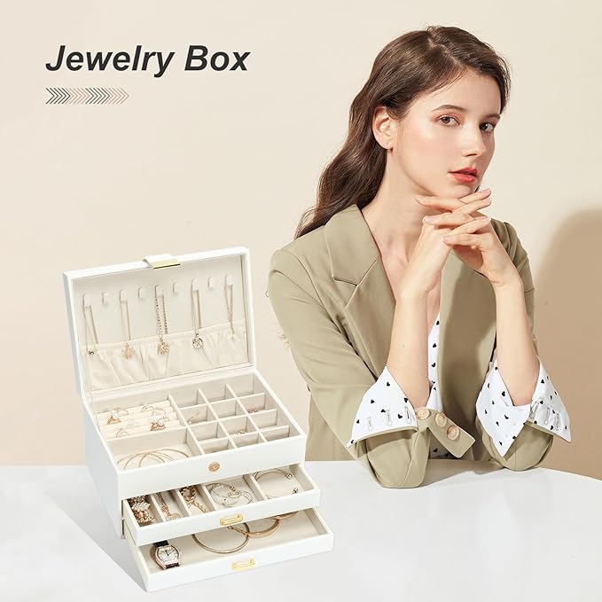 Jewelry Organizer Box for Women Girls, 3-Layer Jewelry Case with 2 Drawers Jewelry Storage Box for Ring Earrings Bracelets Necklaces(White)