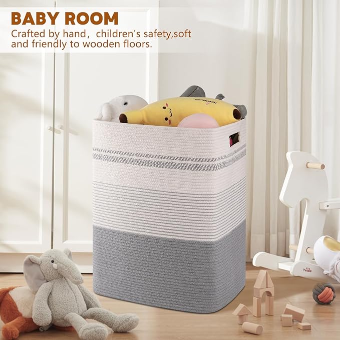 Laundry Hamper, Large Woven Rope Tall Laundry Basket with Handles, 22" X 17" X 13", Decorative Storage Basket for Clothes and Blankets in Living room, Bedroom, Grey & White