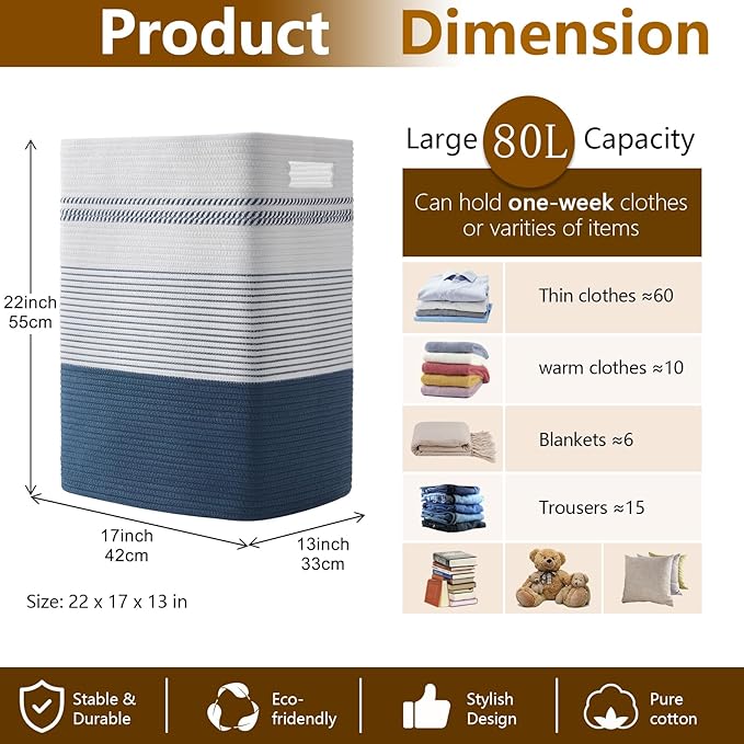 Laundry Hamper, Large Woven Rope Tall Laundry Basket with Handles, 22" X 17" X 13", Decorative Storage Basket for Clothes and Blankets in Living room, Bedroom, Dark Blue& White