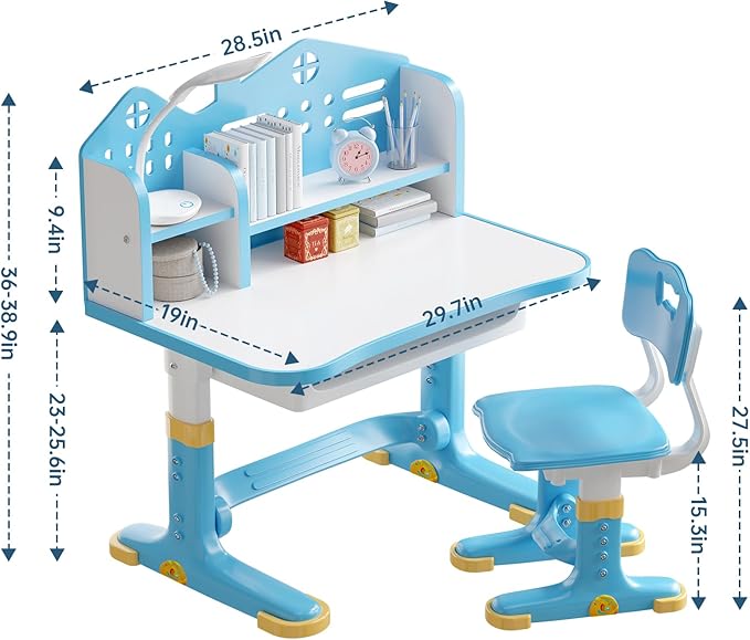Kids Desk and Chair Set, Height Adjustable Child's School Study Writing Tables, Kids Desk with Bookstand and Storage Drawer, Widened Desktop with Desktop for Boys and Girls