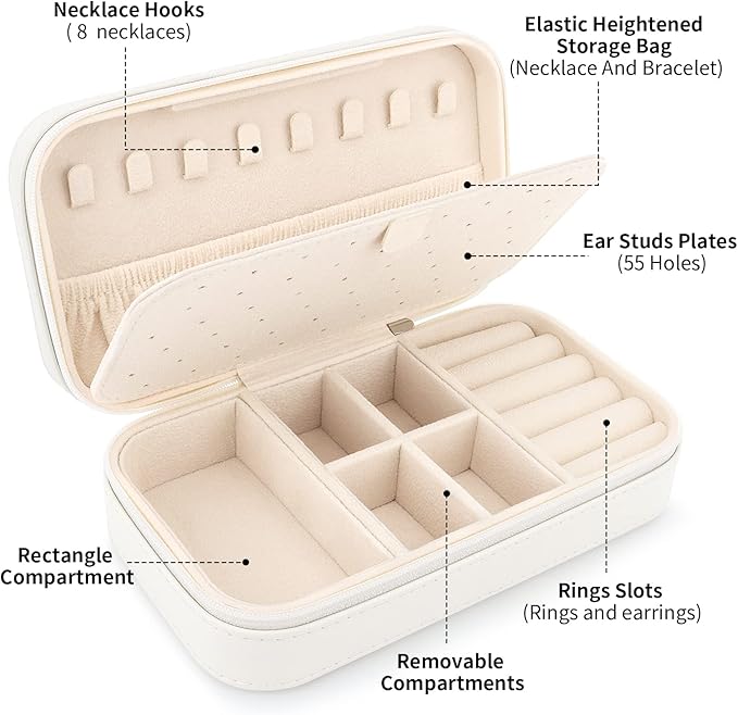 DesignSter Travel Jewelry Box, PU Leather Portable Jewelry Case, Small Jewelry Boxes for Gifts, Travel Jewelry Organizer for Women Rings Earrings Necklaces Bracelets (Beige)