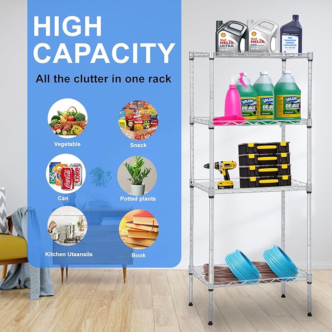 PayLessHere Metal Shelving Storage Shelves Garage Shelving 4-Tier Adjustable Shelf 600 lbs Total Bearing Capacity Multi-Functional Durable Easy Assembly, Chrome