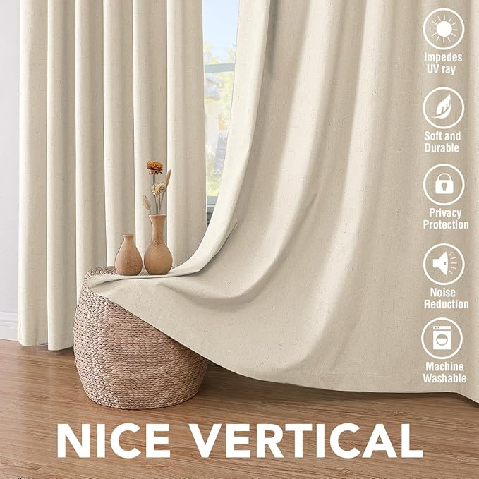H.VERSAILTEX 100% Blackout Curtains for Bedroom Thermal Insulated Linen Textured Curtains Heat and Full Light Blocking Drapes Living Room Curtains 2 Panel Sets, 42x54 Inch, Bleached Sand