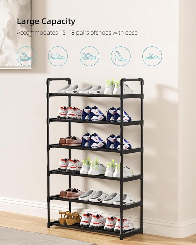 Metal Storage Shoe Rack,Large Capacity Shoe Organizer, Free Individual Assembly for 18-21 Pairs, for Entryway,Closet, Bedroom, Black (6 Tiers)