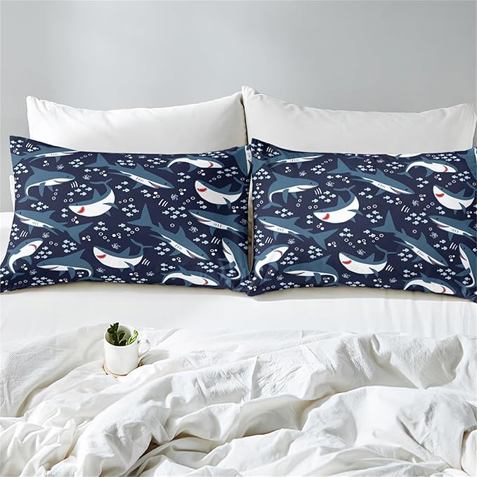 Shark Comforter Set for Bedroom - 3Pcs Boys Shark Bedding Set for Bedroom Cute Cartoon Shark Comforter Set for Kids Sea Animals Theme Boys Room Decor with 1 Comforter + 2 Pillowcases, Queen Size
