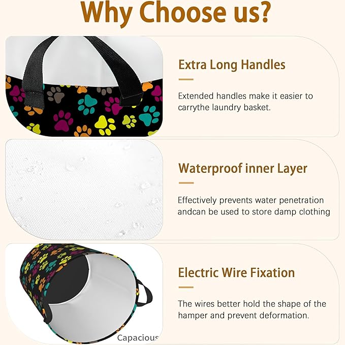 Dog Paw Laundry Basket,Colorful Paws Foldable Laundry Hamper,Dirty Clothes Laundry Basket, Linen Bin Storage Organizer for Toy Collection 16" x 20"