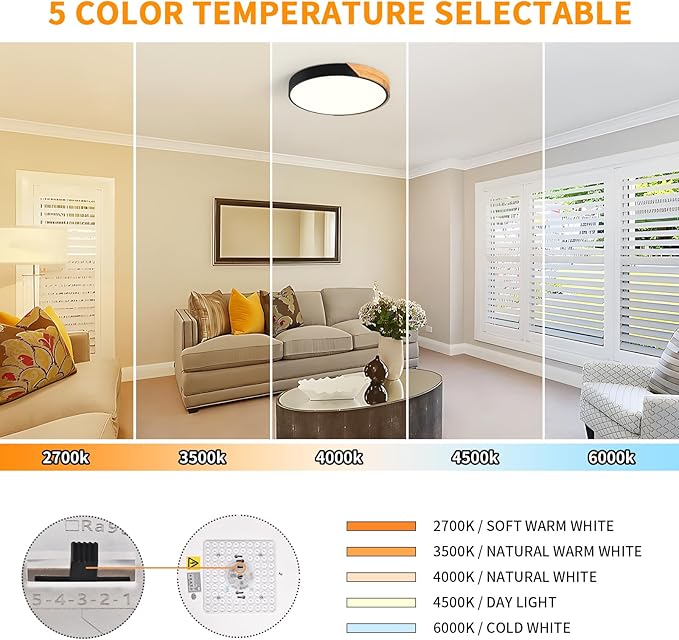 Modern Dimmable Black LED Ceiling Light, 2700 K - 6000 K 5CCT Wood Flush Mount Ceiling Lighting Fixtures, Minimalist Round Ceiling Lamp for Living Room Bedroom Kitchen Hallway（15.8in）