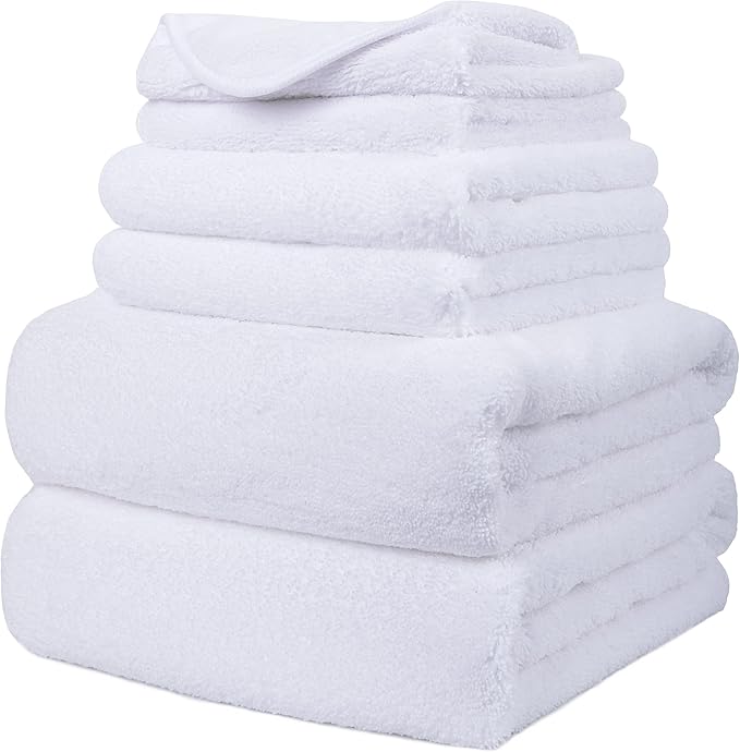 POLYTE Oversize, 60 x 30 in., Quick Dry Lint Free Microfiber Bath Towel Set, 6 Piece (White)