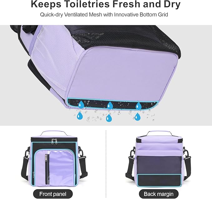 F-color Hanging Shower Caddy Portable - College Dorm Essentials for Girls with Hooks, Soft Crossbody Shoulder Strap, Multiple Pockets, Quick-Dry Shower Bag for Dorm Travel Essentials, Purple