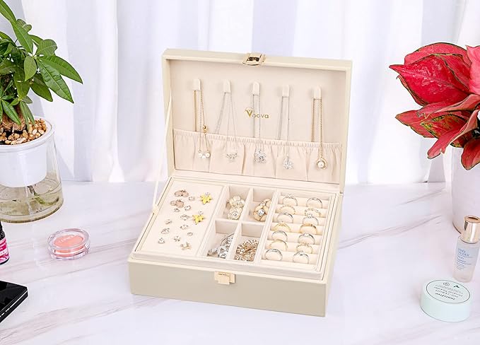 Voova Jewelry Box Organizer for Women Girls, 2 Layer Large Men Jewelry Storage Case, PU Leather Display Jewellery Holder with Removable Tray for Necklace Earrings Rings Bracelets, Vintage Gift,Apricot