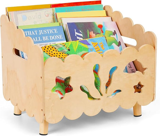 Liitrton Wood Kids Bookshelf for Kids Rooms, Toddler Montessori Bookshelf with 3 Adjustable Dividers, Small Kid Bookcase for Nursery Book Toy Storage (Wood)