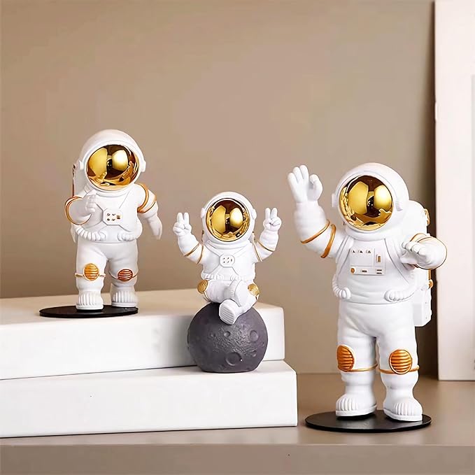 Gold White Astronaut Statues Set of 3, Outer Space Sculpture Figurines for Home Decor Cake Toppers